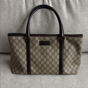 Gucci Beige Monogram Canvas Tote with Dark Brown Leather Accent